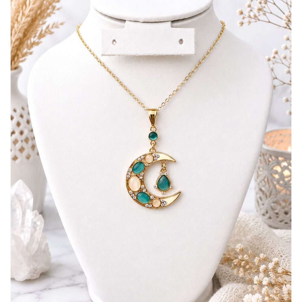 Celestial Crescent Moon Turquoise & Rhinestone Pendant Necklace